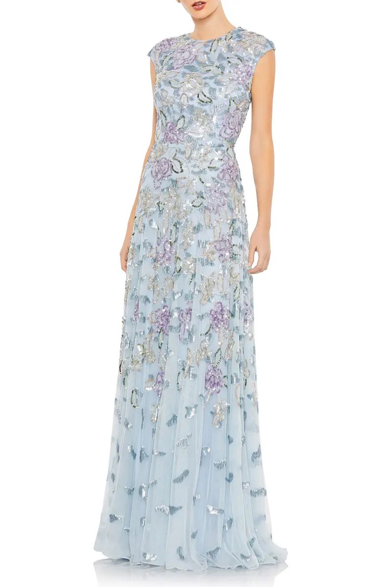 Sequin Floral Cap Sleeve A-Line Gown | Nordstrom