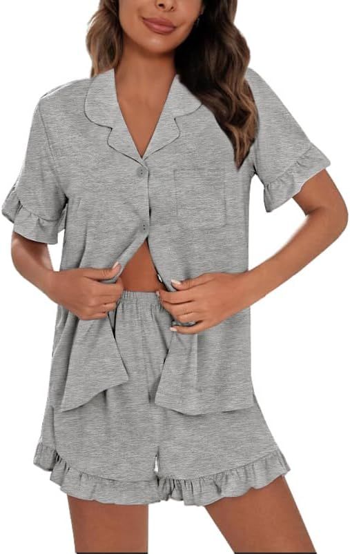 SWOMOG Woman Pajama Set Short Sleeve Pjs Set 2Pcs Short Pajamas Button Down Ruffle Hem Sleepwear ... | Amazon (US)