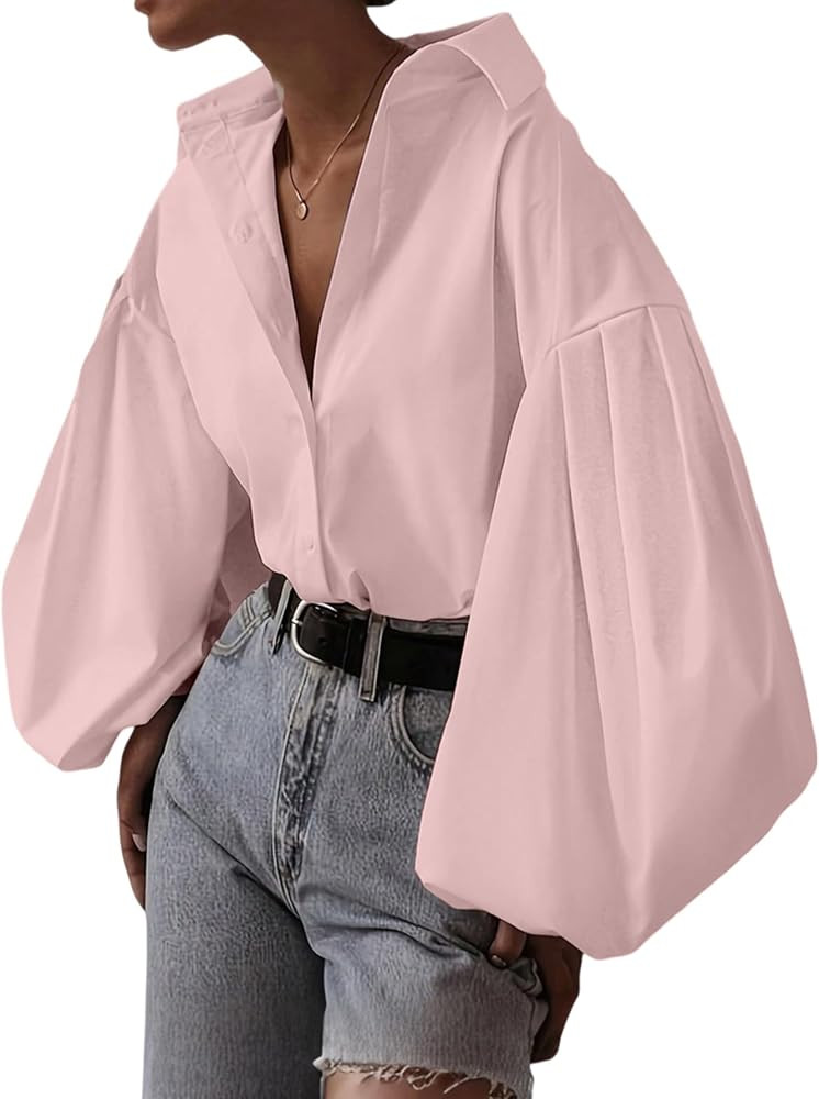 Women's Lapel Collar Button Down Lantern Long Sleeve Blouse Shirt Top | Amazon (US)