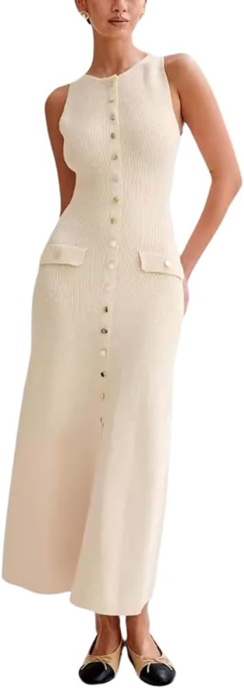 ELFTOWN Women's Summer Sleeveless Single Breasted Knit Maxi Dress Slit Crew Neck Long Sweater Bod... | Amazon (US)
