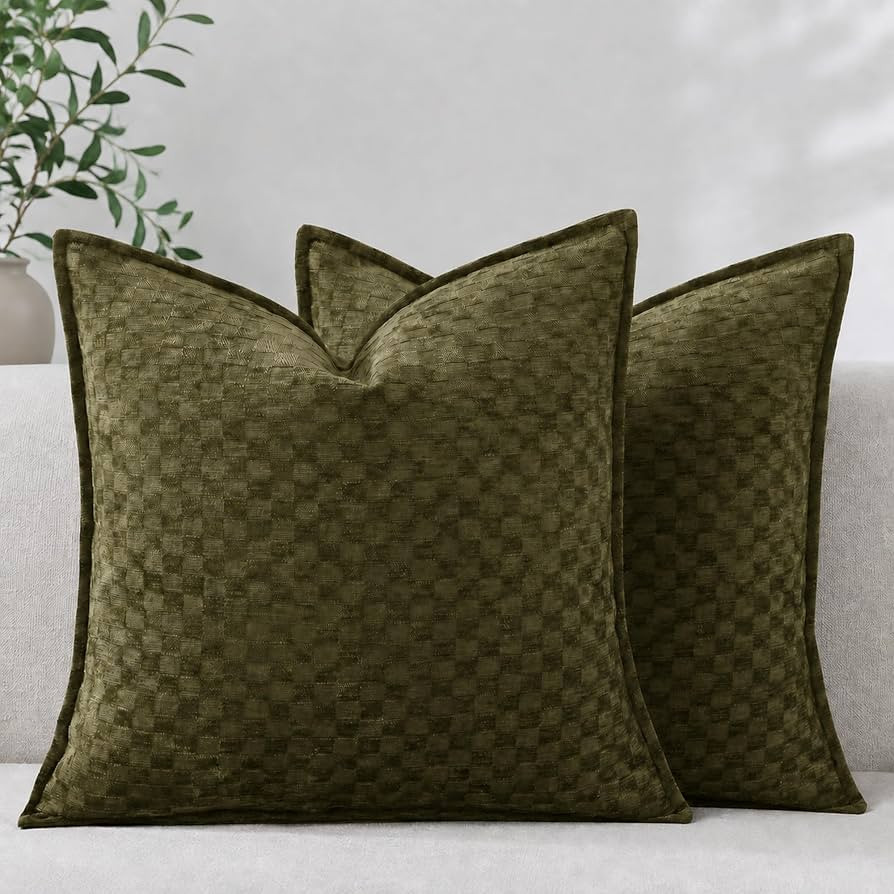 Chenille Plaid Throw Pillow Covers 18x18 Inch, Set of 2 Olive Green | Amazon (US)