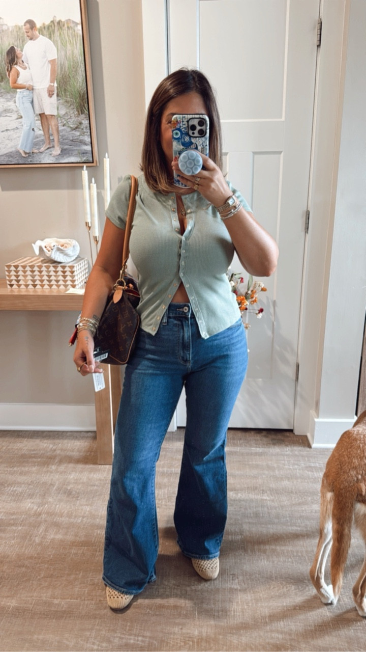 This family night out outfit was so freaking good. I’m loving the tops that button all the way down and how I can completely change the look so easily. Abercrombie denim lasts forever and comes in multiple lengths, which is perfect for this short girl! 
Casual date night outfit, fall outfit inspo 

#LTKMidsize #LTKSeasonal #LTKPetite