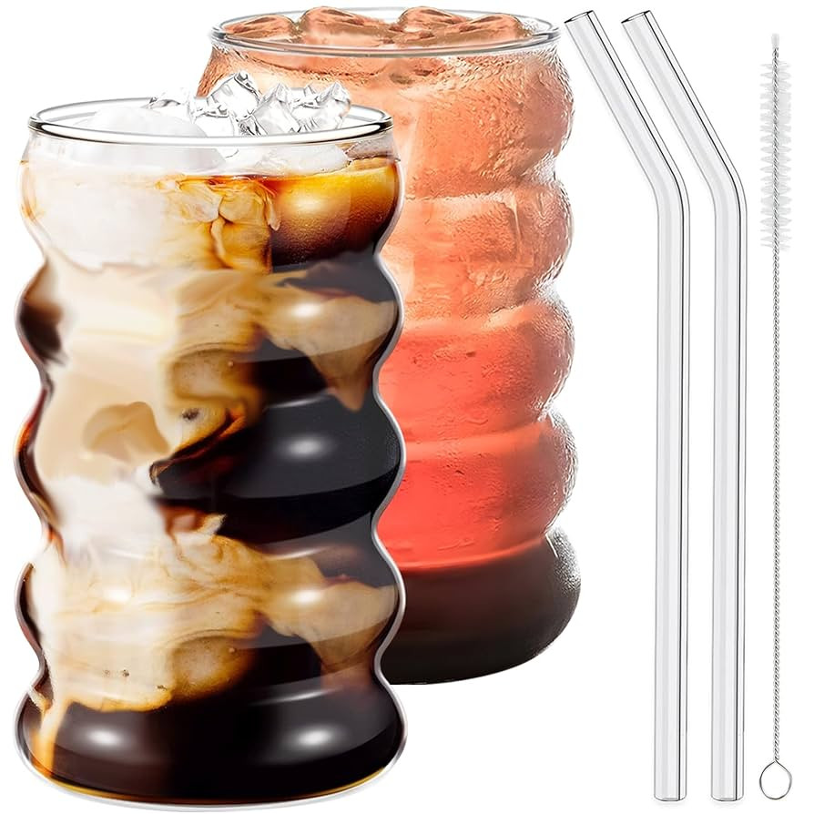 2 Pcs Drinking Glasses with Glass Straws, 19.5oz Iced Coffee, Milk Tea, Fruit Smoothie Glasses - ... | Amazon (US)