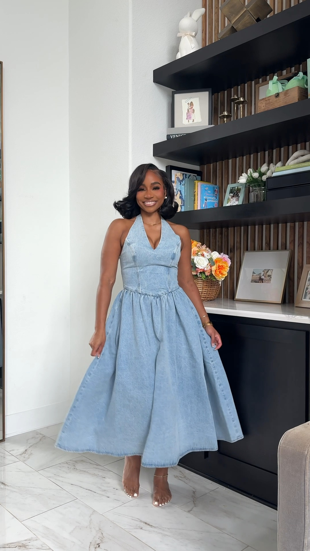 denim spring dresses. halter denim flowy midi dress 

#LTKMidsize #LTKootd