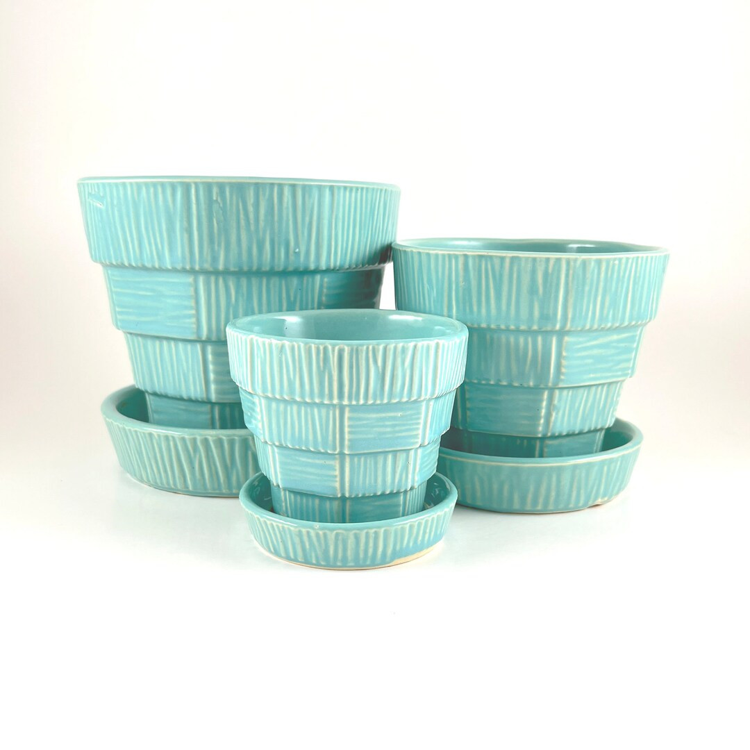 CHOICE 1950's 5 or 4 Aqua Mccoy Basketweave Planters/flower Pots With Attached Saucer FREE SHIPPI... | Etsy (US)