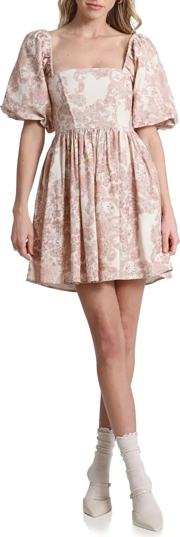 Avec Les Filles Print Puff Sleeve Linen Blend Minidress | Nordstrom | Nordstrom