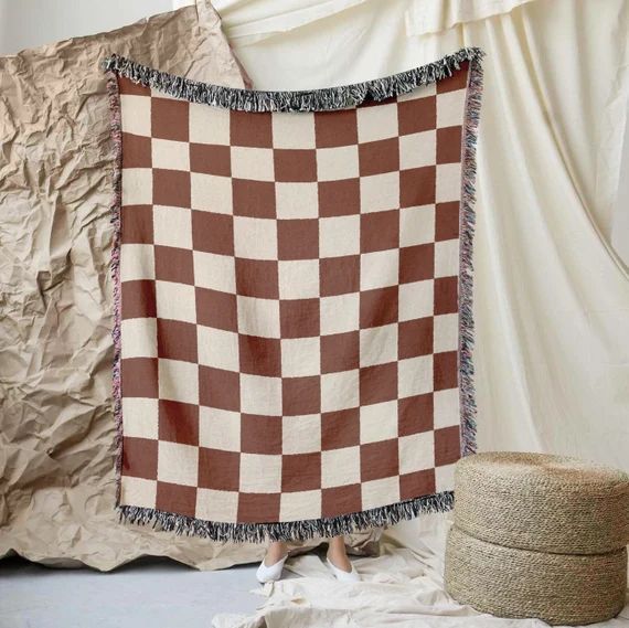 Checkerboard woven throw blanket Chequers quilt, 100% cotton tapestry, unique textile, living roo... | Etsy (US)