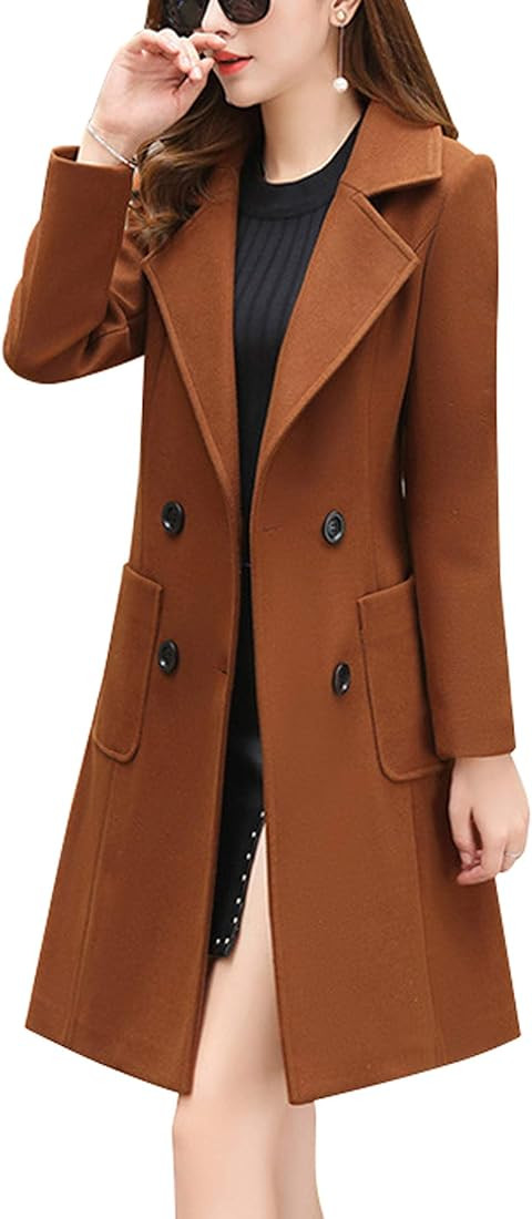 chouyatou Women Elegant Notched Collar Double Breasted Wool Blend Over Coat | Amazon (US)