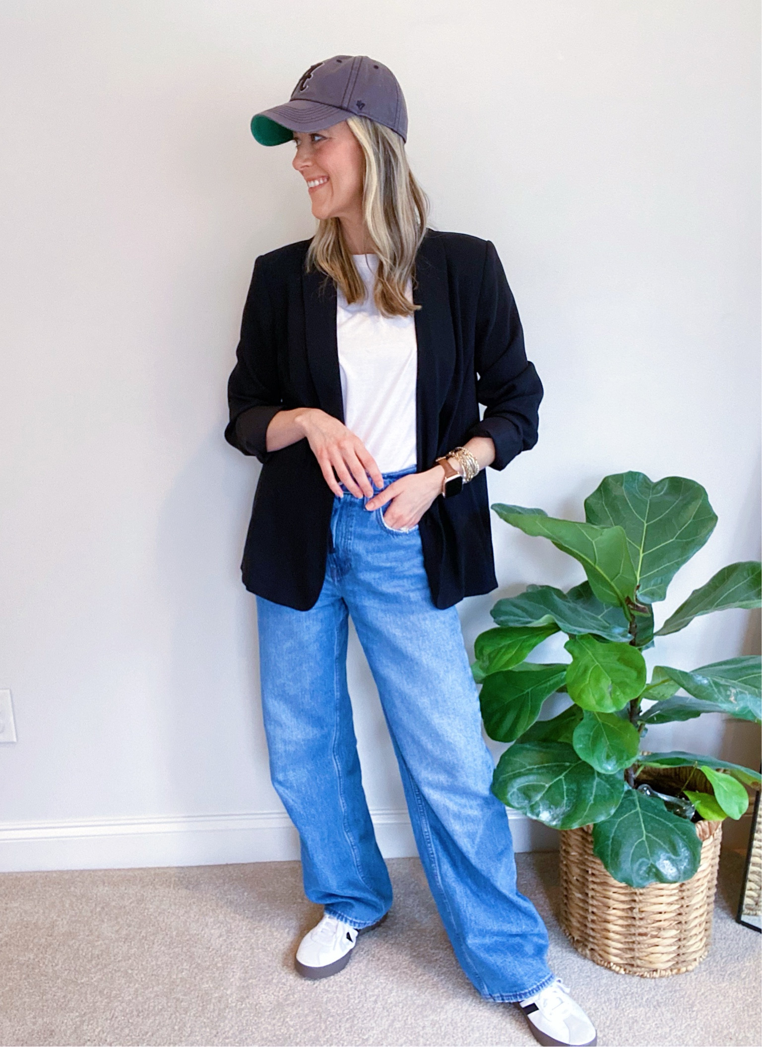 Casual mom outfit that’s easy to recreate. 

Elevated Mom Style | Blazer and Hat Outfit | Wide leg jeans outfit | Abercrombie wide legs | Elevated Casual | Sambas Outfit | Sambas Look for Less | Boyfriend Tee | 30s Mom Style | Weekend Spring Outfit 

#LTKfindsunder50 #LTKfamily #LTKstyletip