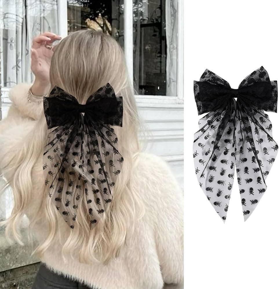Halloween Large Lace Hair Bow Clips Black Skull Pattern Hair Bows Translucent Lace Big Ribbon Bow... | Amazon (US)