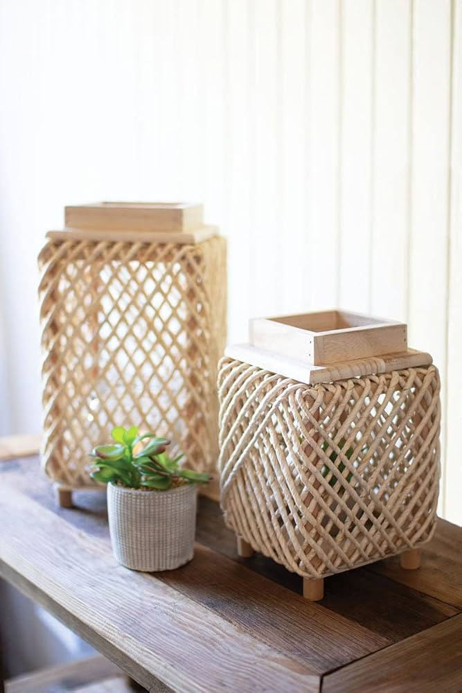 Set Of Two Woven Rope And Wood Lanterns With Glass Insert | Amazon (US)