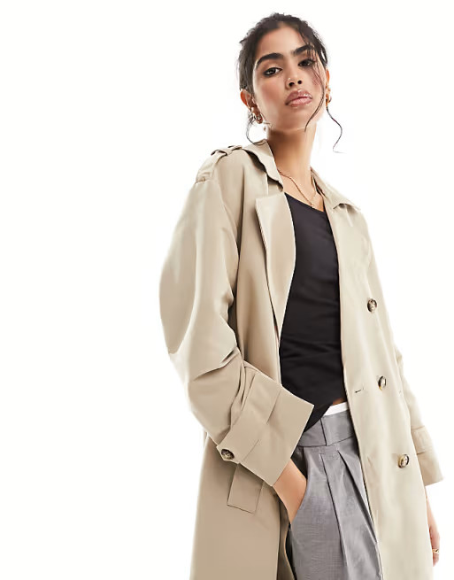 Vero Moda longline belted trench coat in stone | ASOS (Global)