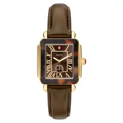 MICHELE Deco Sport Mid Leather Strap Watch in Tortoise at Nordstrom | Nordstrom
