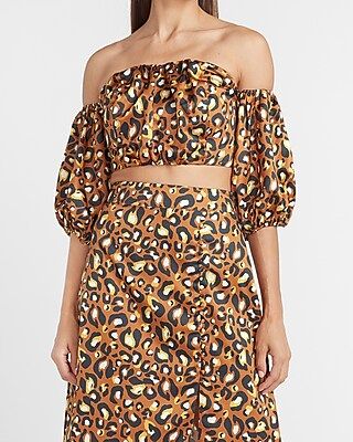 LadyGang Leopard Off The Shoulder Cropped Sweetheart Top | Express