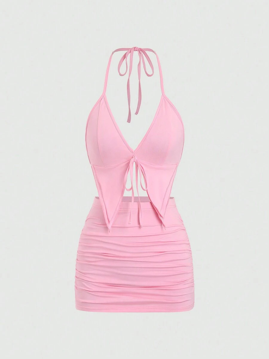 EgrlEra Ladies' Summer Set: Solid Color Asymmetrical Halter Neck Tank Top With High Slit Hem And ... | SHEIN