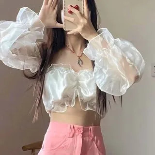 Puff-Sleeve Square-Neck Plain Ruffled Crop Blouse | YesStyle Global