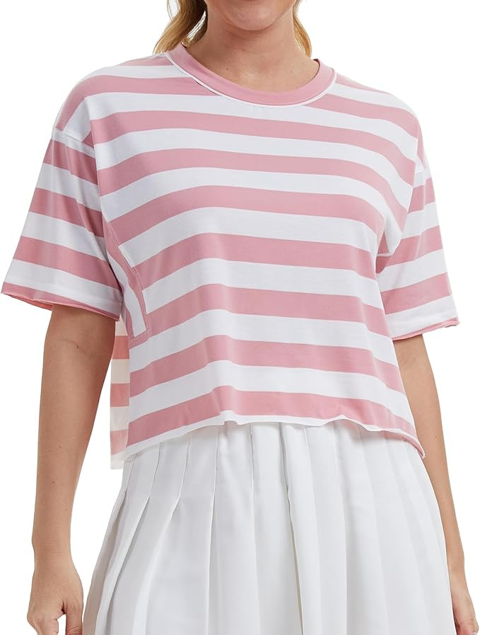 Women's Oversize Workout Crop Tops Casual Short Sleeve Drop Shoulder Boxy T-Shirts Roll Hem Basic... | Amazon (US)