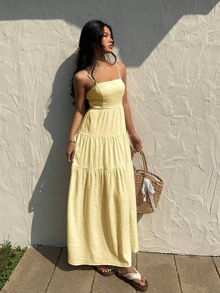 Sunnyshic Apricot Textured Fabric Drawstring Pleated Camisole Dress, Loose & Slimming, Vacation Style, Sleeveless | SHEIN