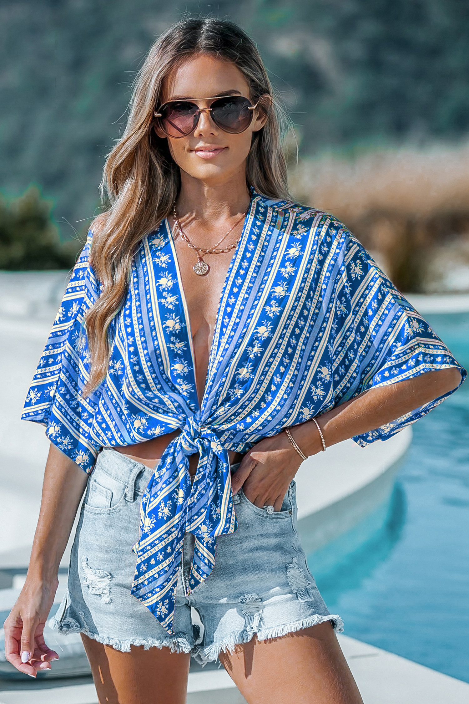 Royal Blue Boho Plunging Front Tie Cover-Up Top | Cupshe US