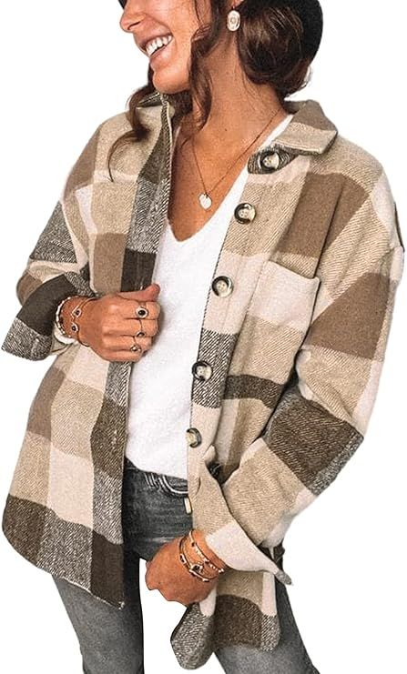 Sidefeel Women Plaid Long Sleeve Button Down Collar Long Shirt Oversized Coat | Amazon (US)