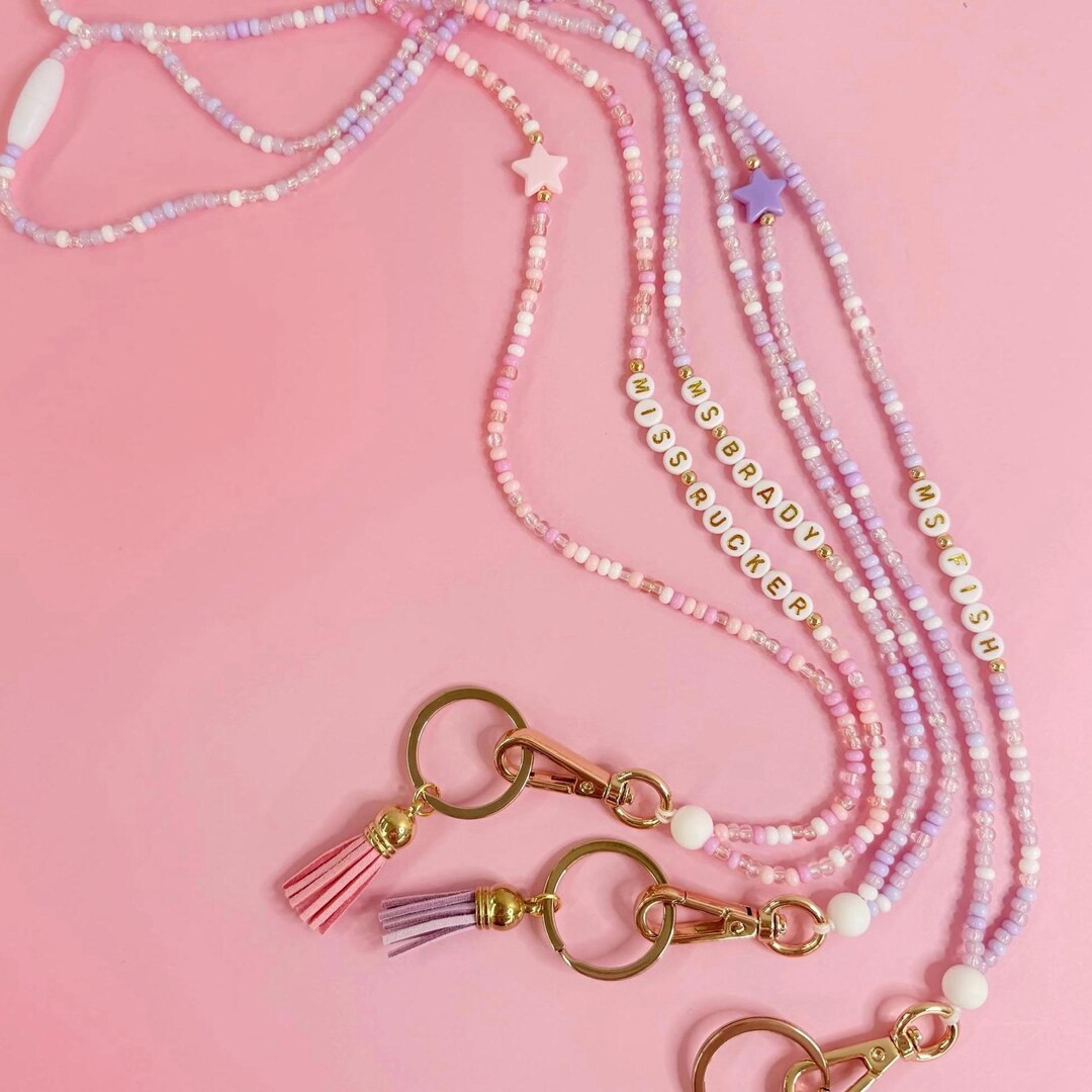 Pink or Purple Seed Bead Teacher Lanyard, Teacher Gift, Badge Necklace, Fun Lanyard, Seed Bead La... | Etsy (US)