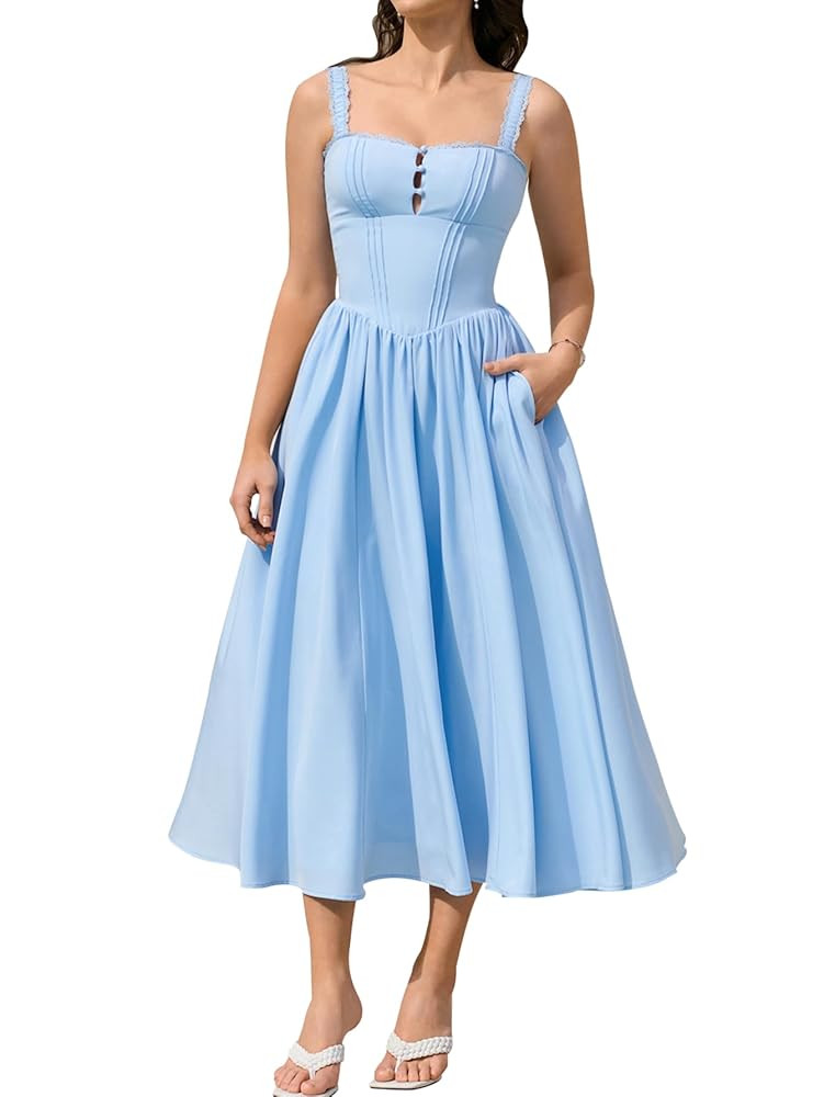 KUTUMAI Women Summer Lace Square Neck Midi Dress Corset Smocked Flowy A Line Beach Wedding Guest ... | Amazon (US)