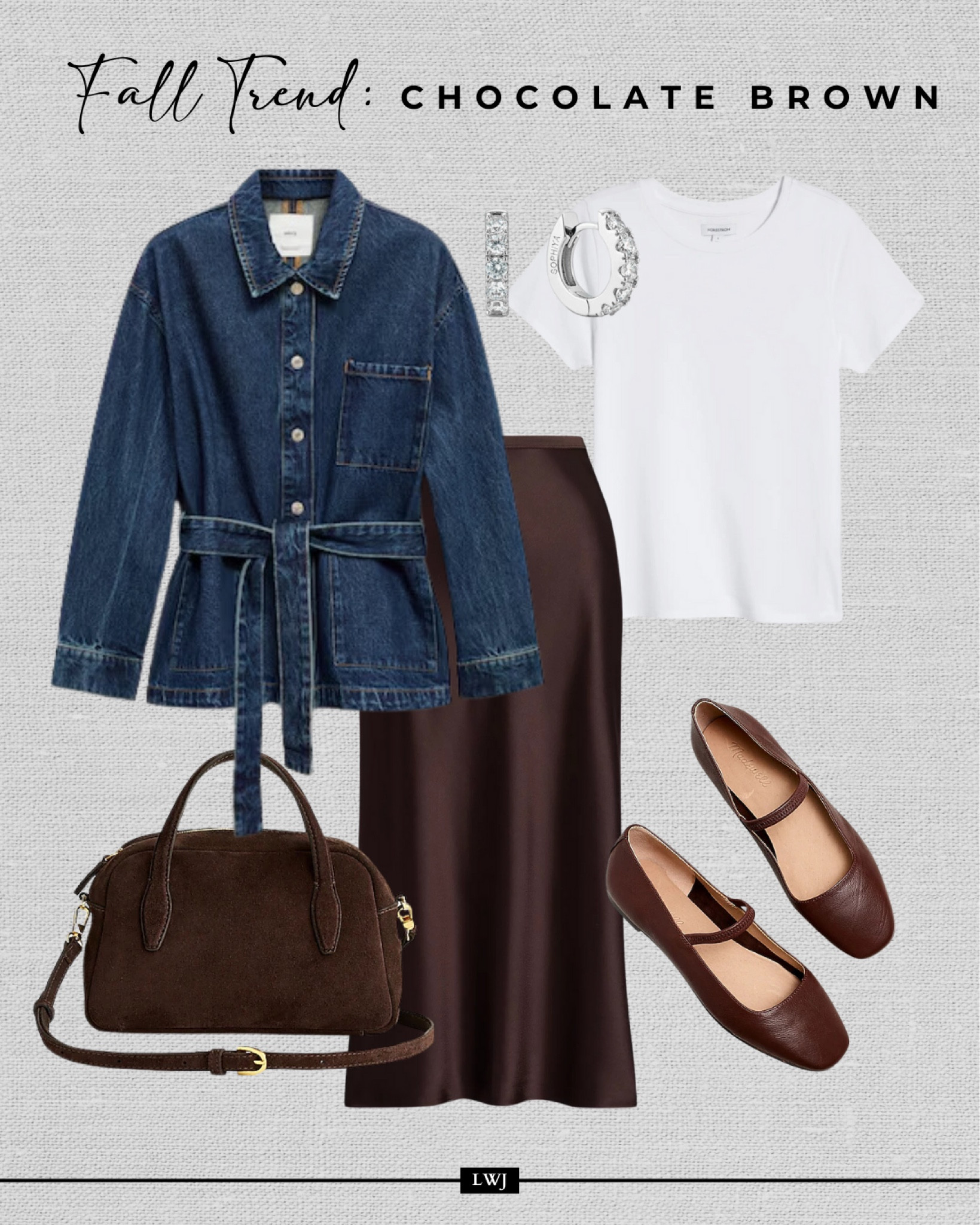 Fall trend: styling chocolate brown outfit for the fall 

Denim jacket / white tee / satin midi skirt / suede purse / Greta ballet flats / silver earrings / classy elevated style 

#LTKStyleTip #LTKSeasonal