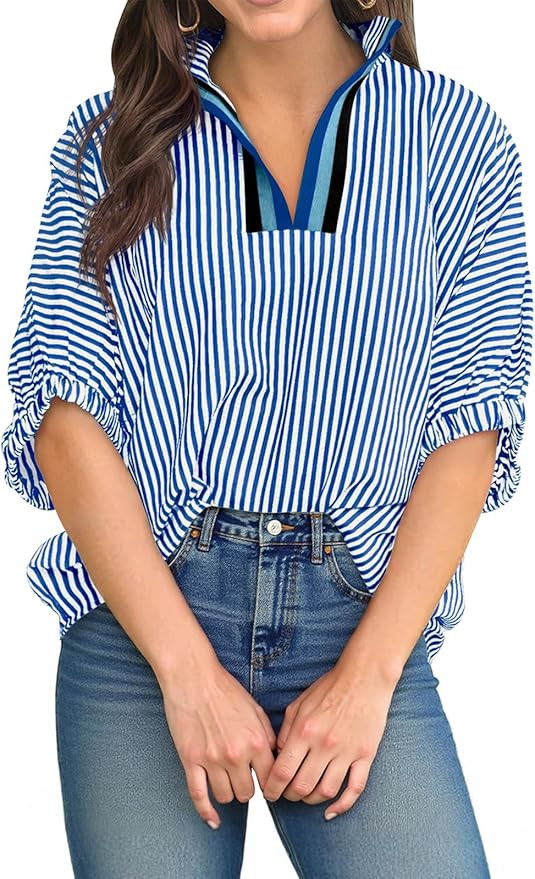 Tankaneo Womens V Neck Striped Polo Shirts Dolman Puff Sleeve Summer Tops | Blouse, Color Block, ... | Amazon (US)