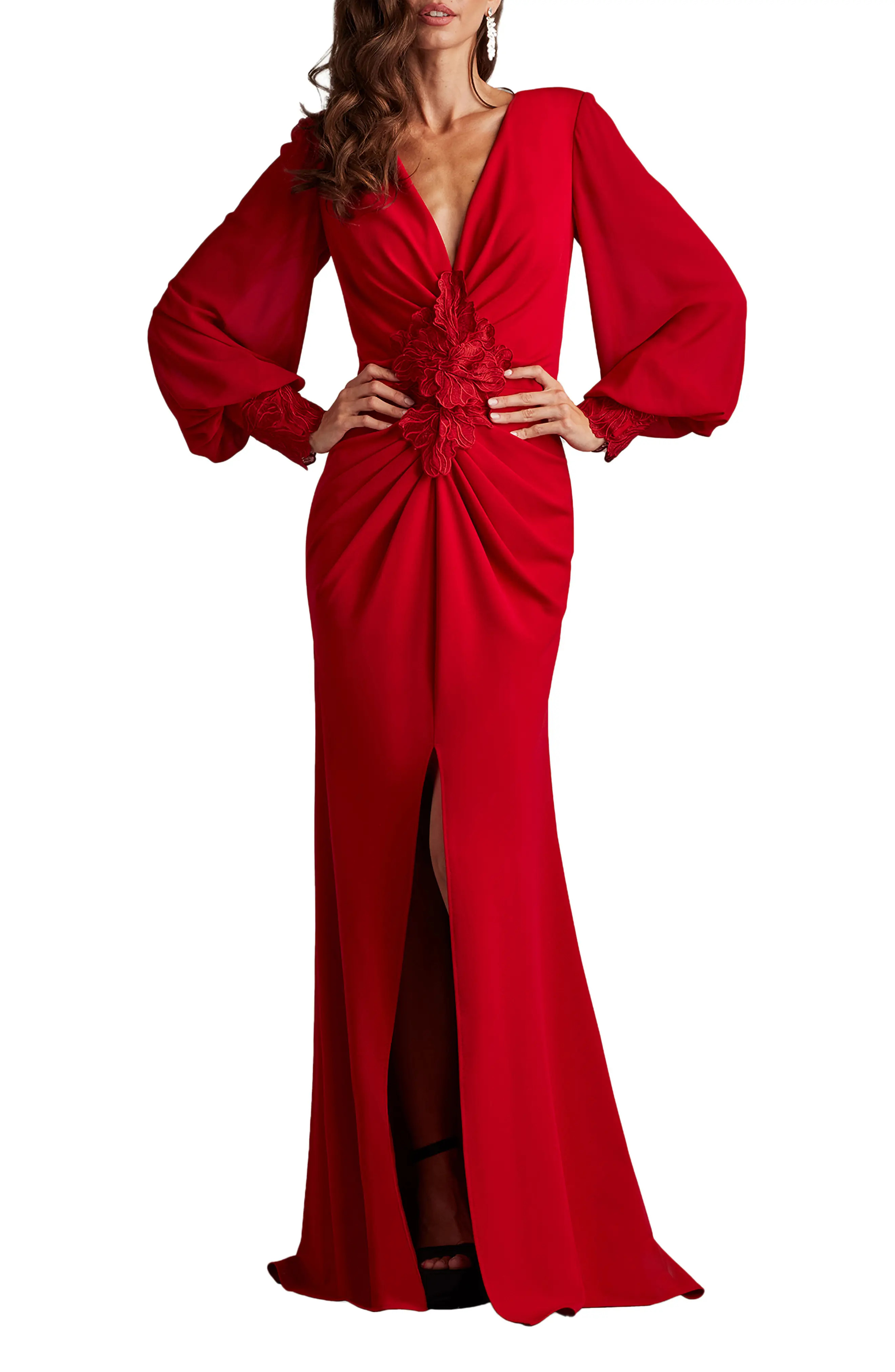 Floral Detail Long Sleeve Crepe Chiffon Gown (Women) | Nordstrom | Nordstrom