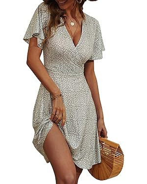 FENSACE Womens Sundress Summer Floral Short Sleeve Wrap V Neck A-Line Midi Dress | Amazon (US)
