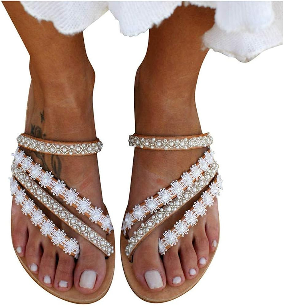 Sandals for Women Thong,Women's Bohemia Bling Rhinestone Pearl Flat Sandals Flat Gladiator Sandal... | Amazon (US)