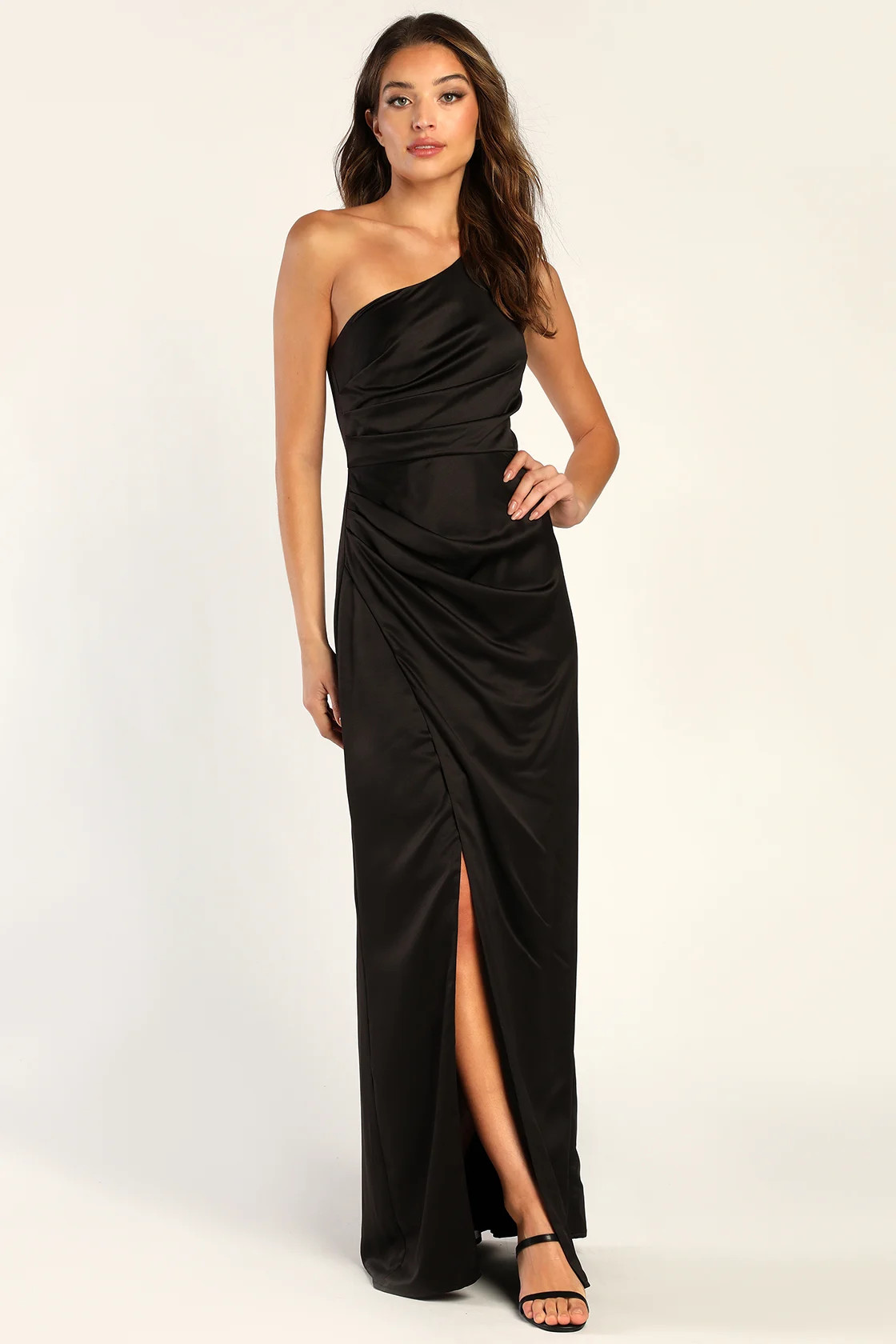 Dreaming of Elegance Black Satin One-Shoulder Maxi Dress | Lulus (US)