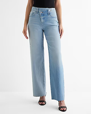 High Waisted Light Wash Two-Tone Criss Cross Raw Hem Wide Leg Jeans | Express