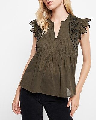 Embroidered Pleated V-Neck Top | Express