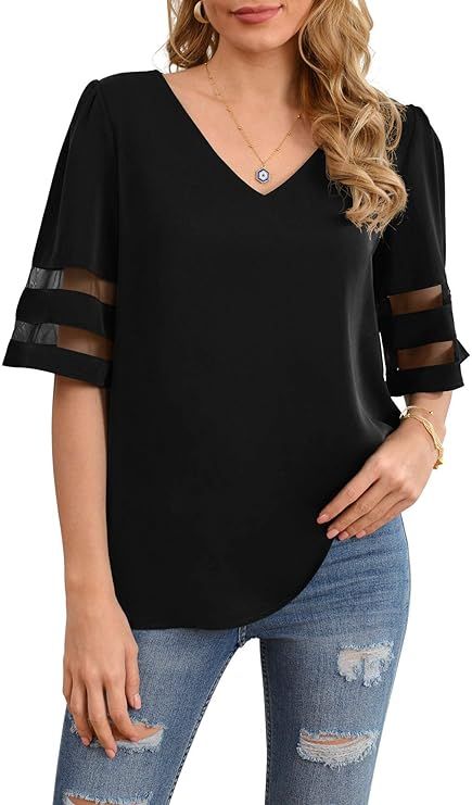 Jouica Women's V Neck Chiffon Blouse Mesh Panel Blouse 3/4 Bell Sleeve Loose Top Shirt | Amazon (US)