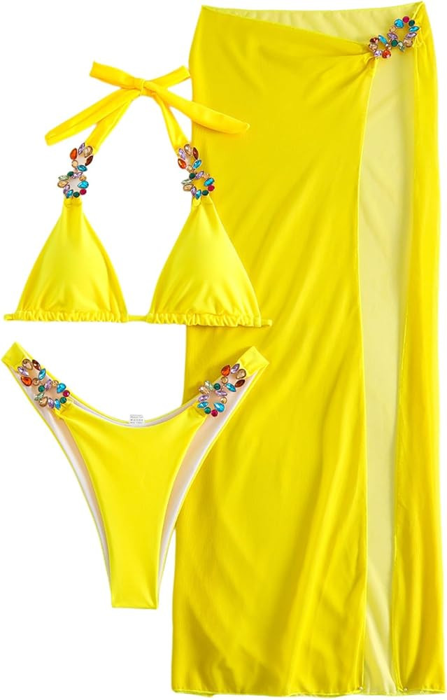 Bikini Set for Women Crystal Bathing Suit with Sarong Sparkly Rhinestone Thong Bikini Halter Jewe... | Amazon (US)