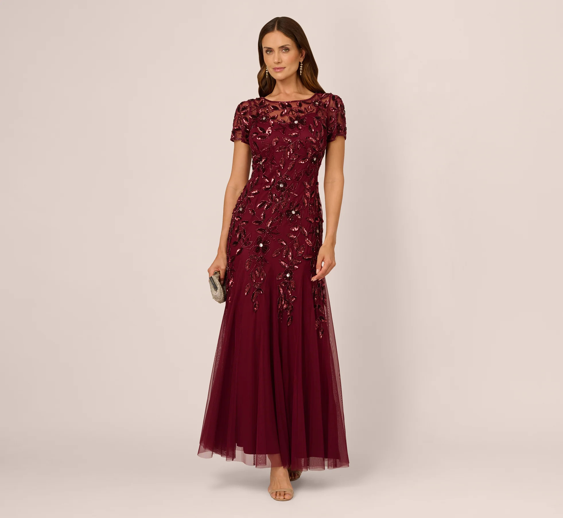 Hand Beaded Short Sleeve Floral Godet Gown In Mahogany | Adrianna Papell
