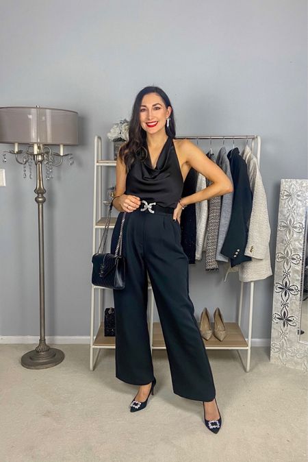 Date Night Outfit 🖤

Black cowl neck halter top size small, fit big size down if between sizes 
Black high rise wide leg pants size 27, TTS
Black crystal buckle heels (linked similar)

OOTN
Girls night out
Chic outfit 
How to wear wide leg pants 
Monochromatic outfit 
Classy outfit 
Holiday outfit 


#LTKstyletip #LTKHoliday #LTKsalealert