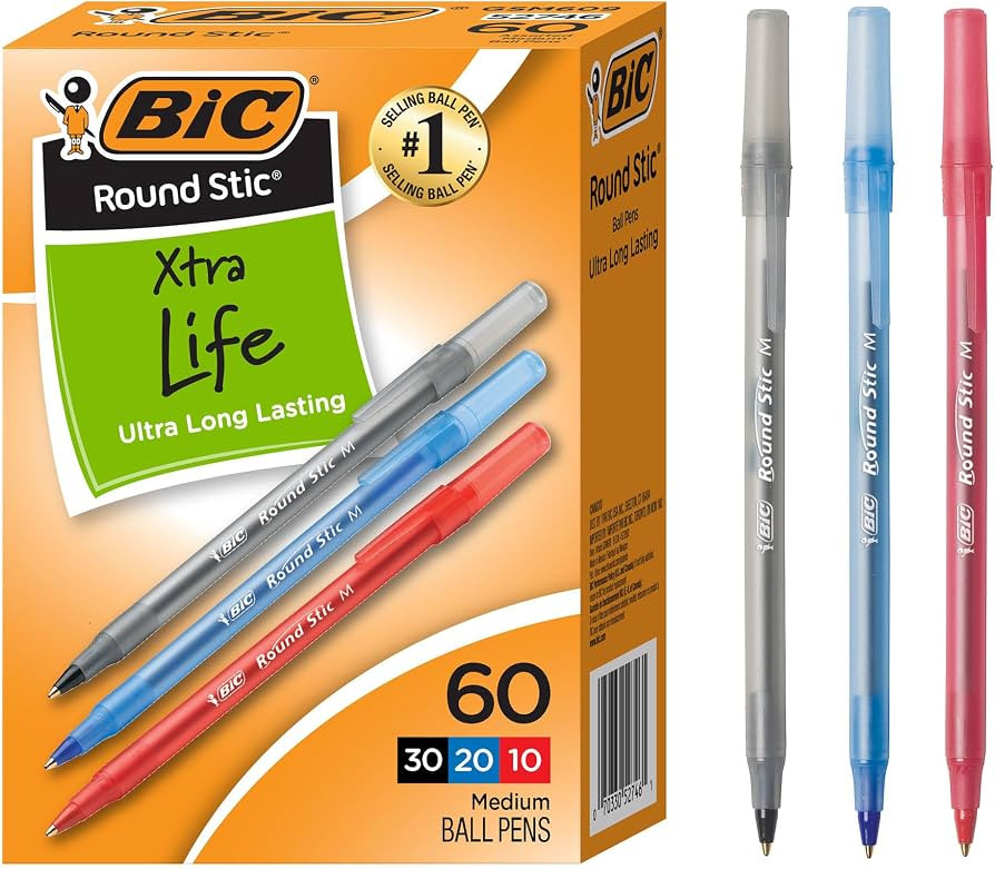 BIC Round Stic Xtra Life Assorted Ink Ballpoint Pens, 60-Count, 1.0mm | Amazon (US)
