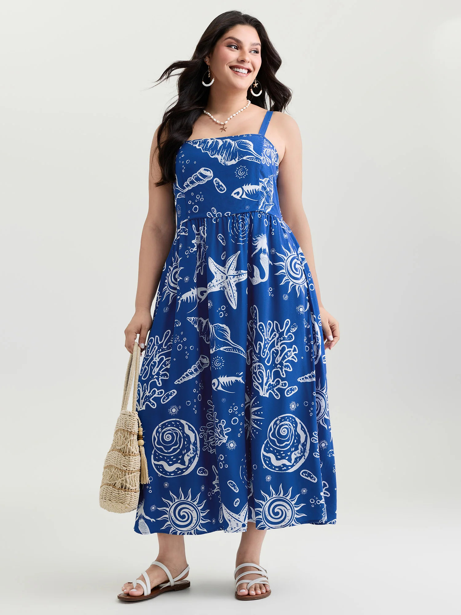 Ocean Print Shirred Adjustable Strap Maxi Dress | Bloomchic