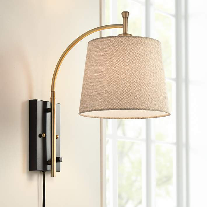 Chester Antique Brass and Black Swing Arm Plug-In Wall Lamp | Lamps Plus