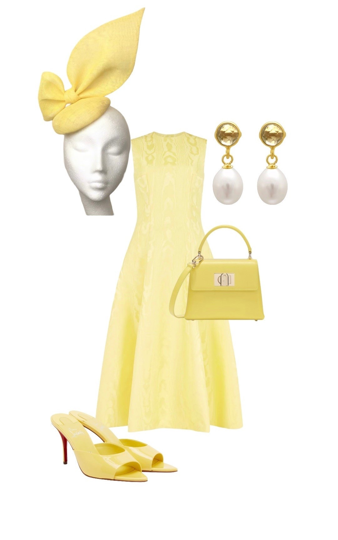 Yellow Sleeveless Moire Dress - Emilia Wickstead st MyTheresa - (see others on sale!) 

Yellow Leather Mules - Christian Laboutin at MyTheresa (new in)

Clara Lemon Topaz & Cultured Freshwater Pearl Drop Earrings - Pearls of the Orient at Wolf & Badger 

Yellow Leather 1927 Mini Top Handle Bag - Furla at Farfetch 

Yellow Fascinator - Etsy

#LTKdresses #LTKwedding #LTKeurope

#LTKsummer #LTKluxury #LTKuk