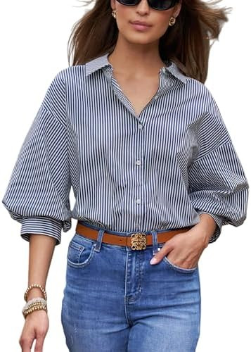 Women's Striped Button Down Shirts 3/4 Puff Sleeve Collared V Neck Loose Blouse Top | Amazon (US)