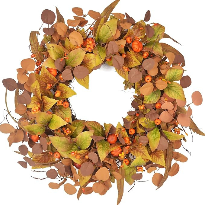 24 Inch Fall Wreath for Front Door, Orange Artificial Pumpkin Eucalyptus Leaf Large Wreaths for T... | Amazon (US)