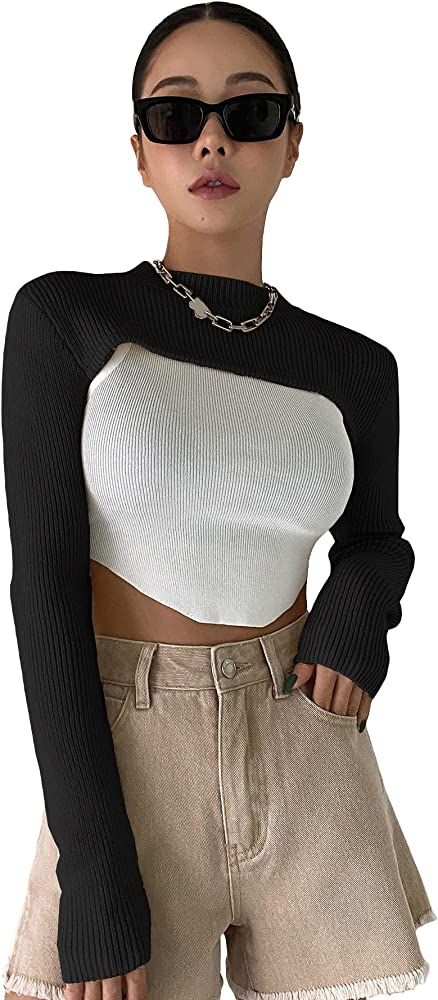 Verdusa Women's Mock Neck Long Sleeve Knit Crop Sweater Pullover Shrug Top | Amazon (US)