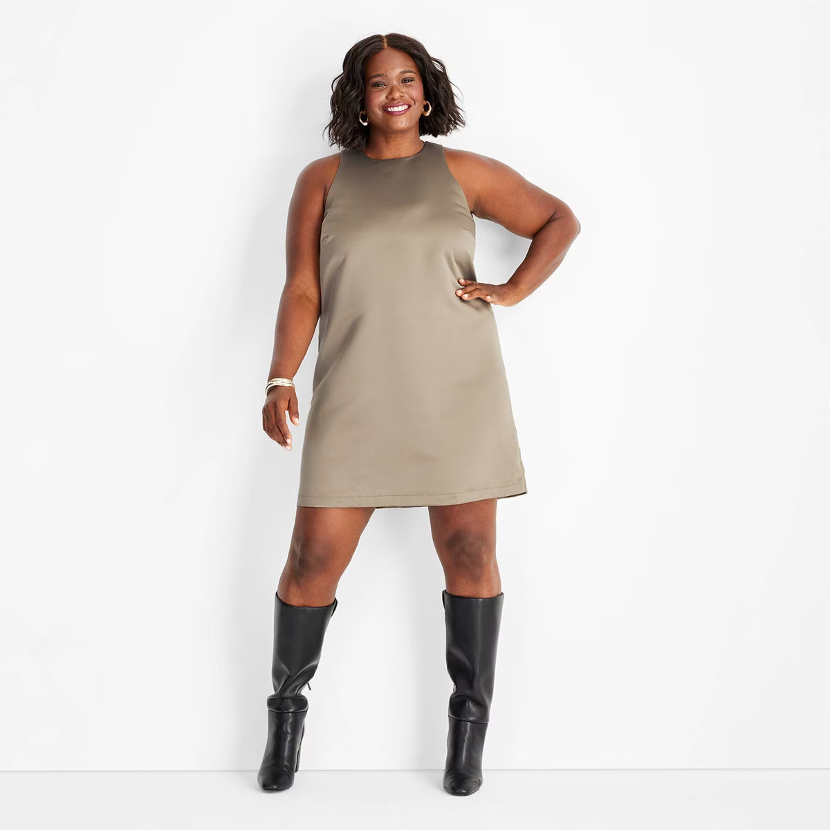 Women's Holiday 90's Satin Mini Shift Dress - Future Collective Taupe 4X | Target