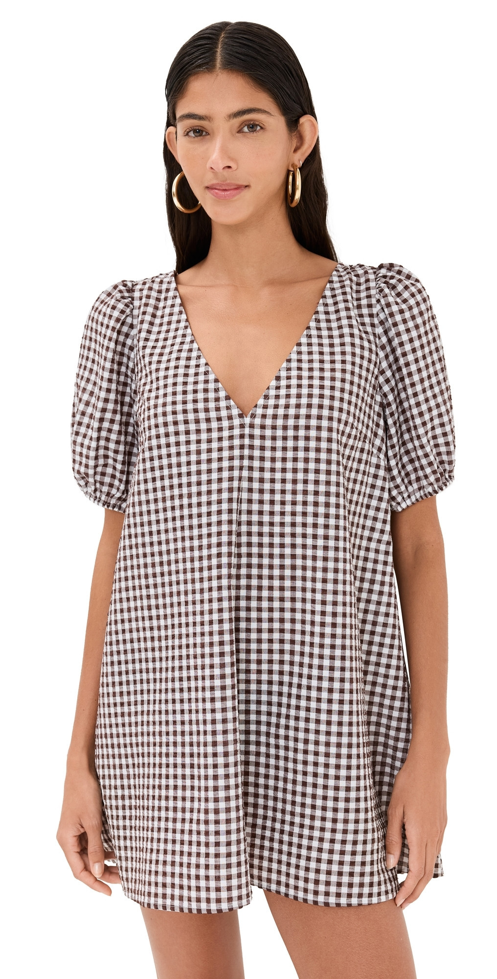 STAUD Marsh Mini Dress Dark Chocolate Gingham XS | Shopbop