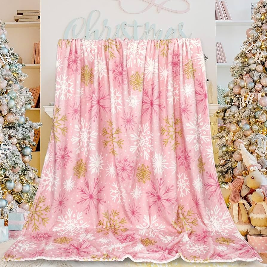 Winter Throw Blanket Gold Pink Xmas Snowflake Fuzzy Blanket Decorative Soft Cozy Flannel Blanket ... | Amazon (US)