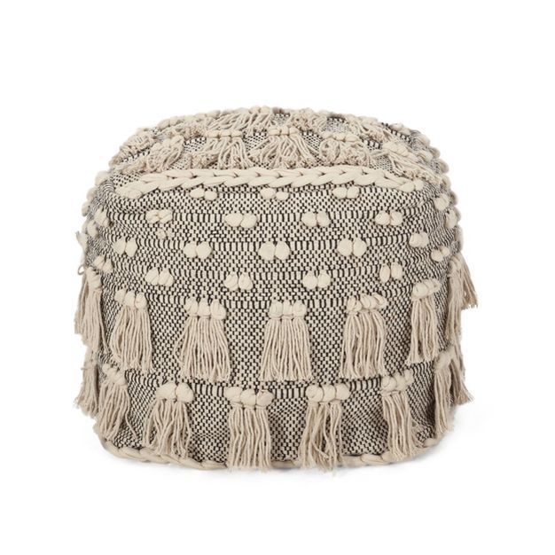 Hawley Handcrafted Boho Fabric Cube Pouf with Tassels Ivory - Christopher Knight Home | Target