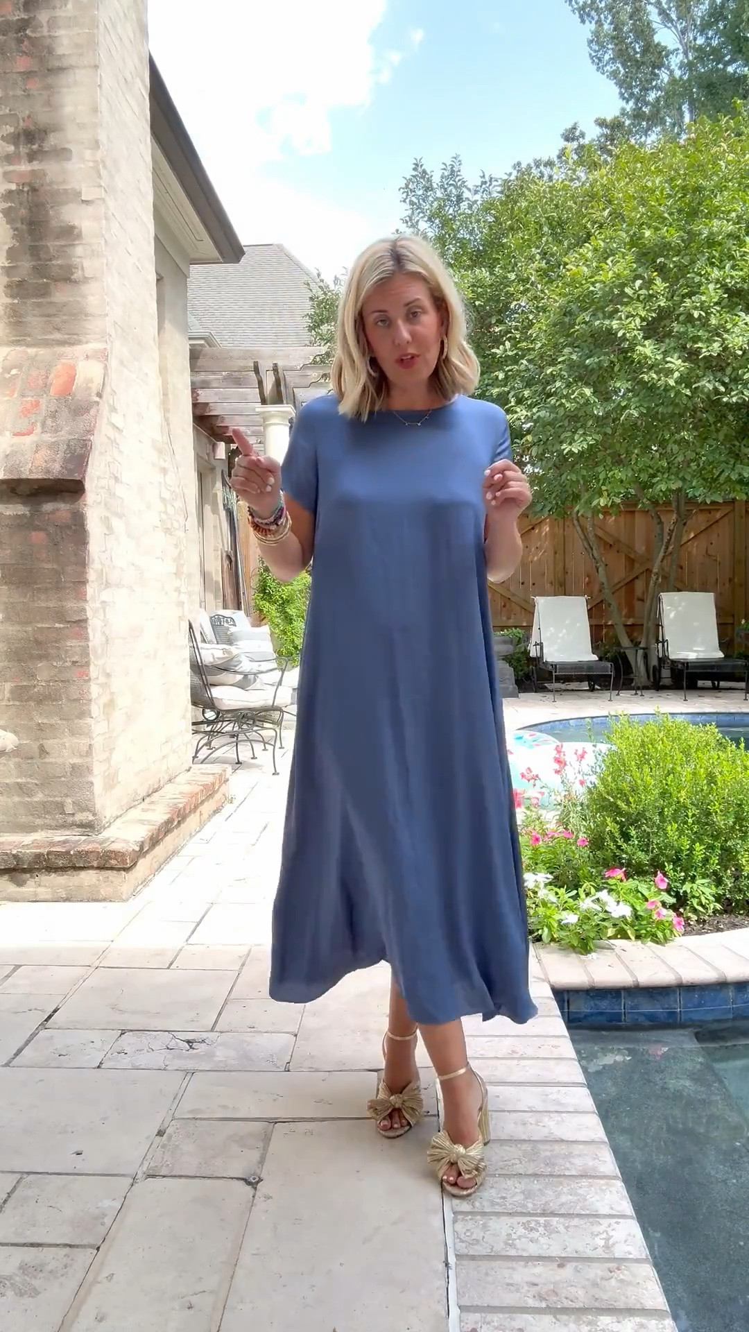 The Quince washable silk is so good! This blue color is beautiful and I love the flow. 
I’m in a small petite and 8 sandal. 

CODES: 
Allie + Bess - Catherine 20

#LTKWedding #LTKOver40 #LTKSaleAlert